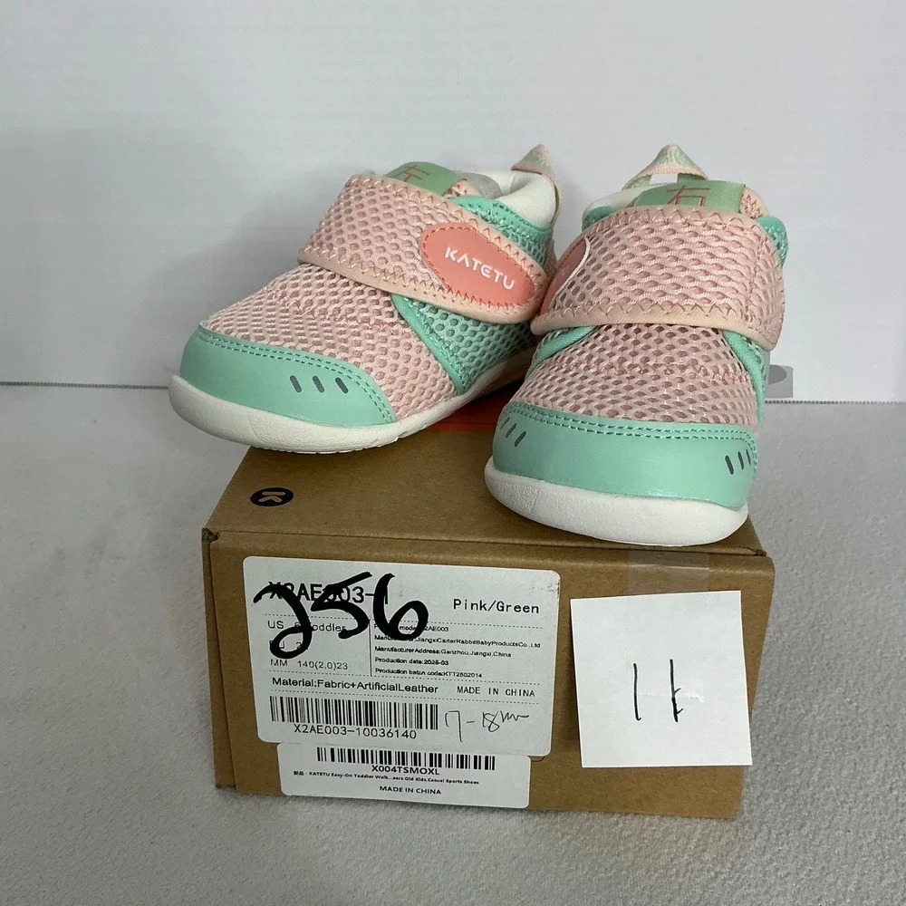 Katetu Toddler Easy-On Walking Shoes Pink Green Mesh Sneakers Size 6 Toddler NEW